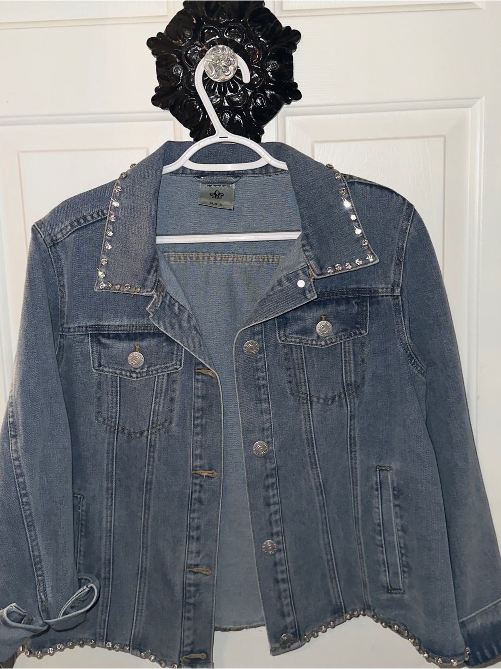 Rhinestone-Trim Denim Jacket - Women's Blue Jean Jacket